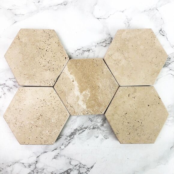Hexagonal Travertine Marble Coaster Set of 5 Natural Beige Stone Home Decor - Picture 7 of 10